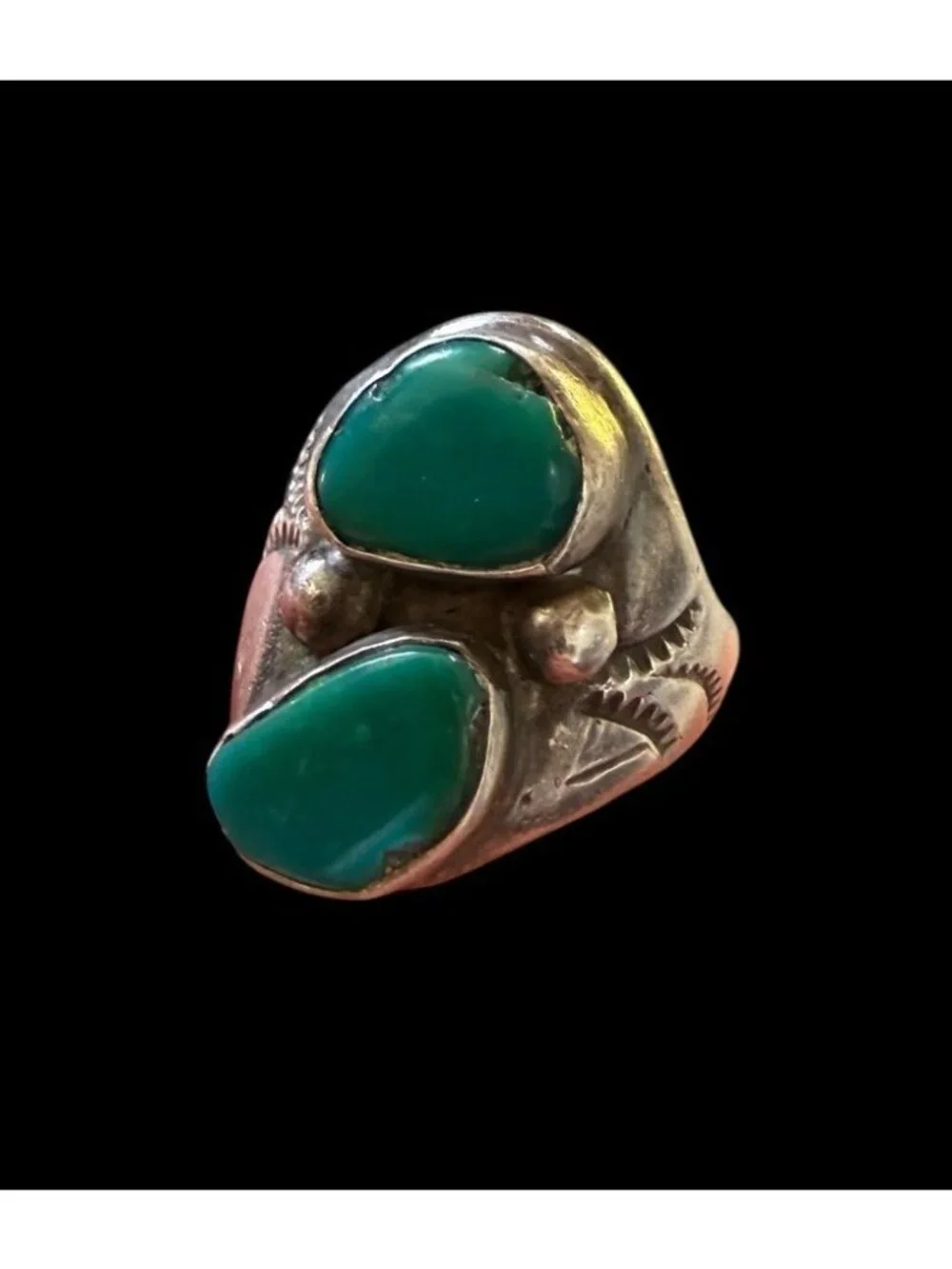 Kenneth Etsitty Navajo Sterling Silver Green Turquoise Ring Two Stone Etched